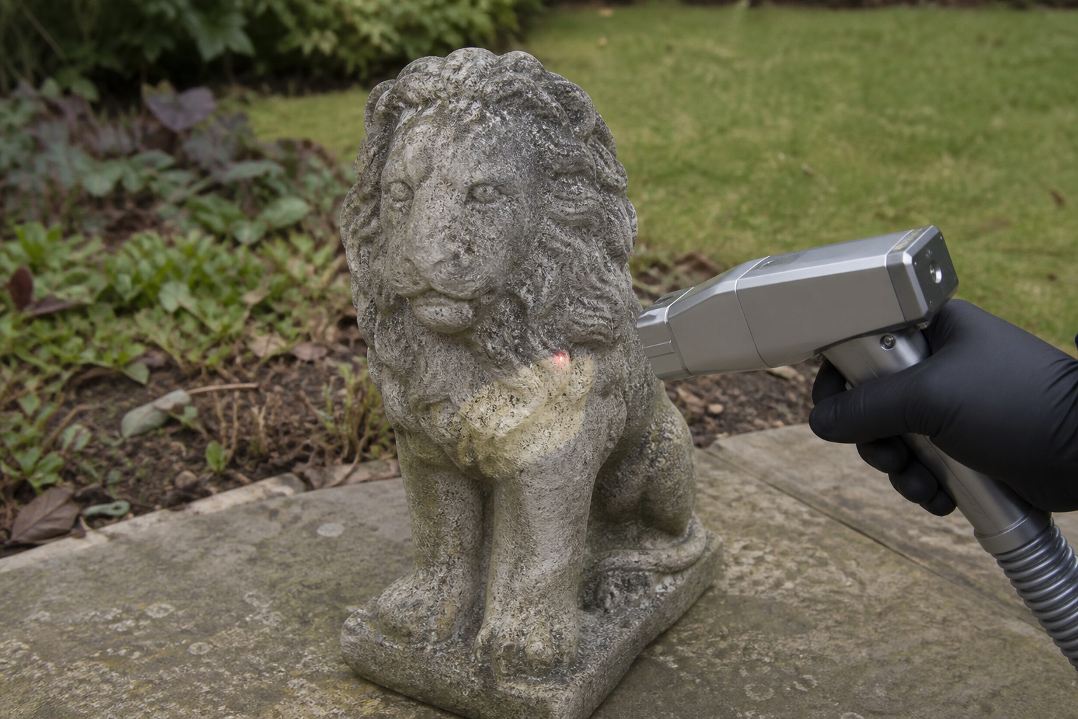 Gentle laser cleaning test patch on a weathered stone garden lion
